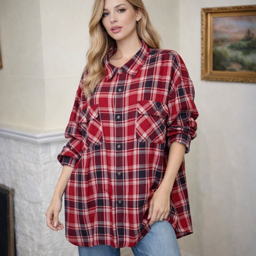 NWOT 4XL Oversized Plaid Button Down Shirt